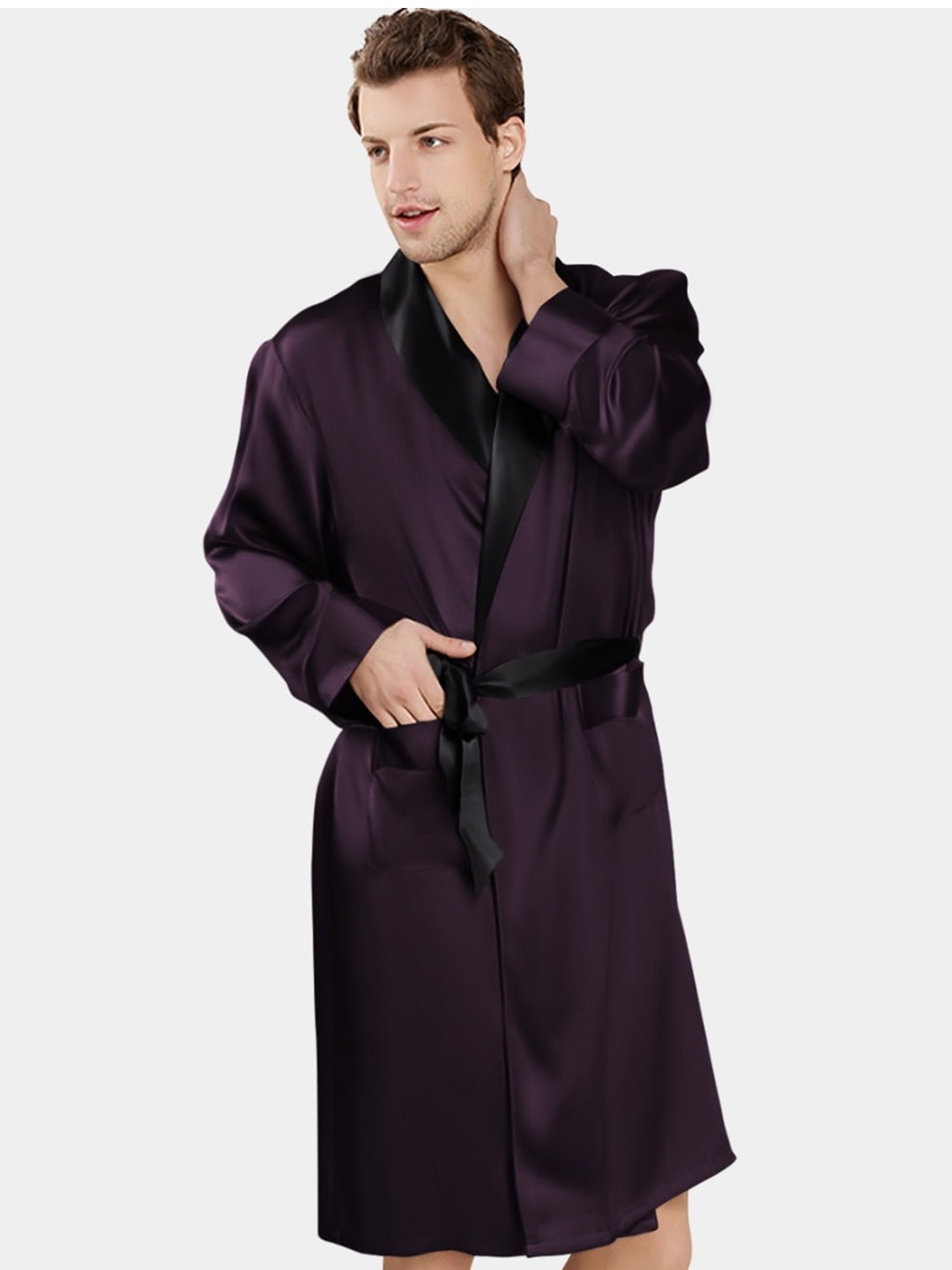 

Bella Babe by SK Shawl Collar Satin Robe With Shorts, Purple