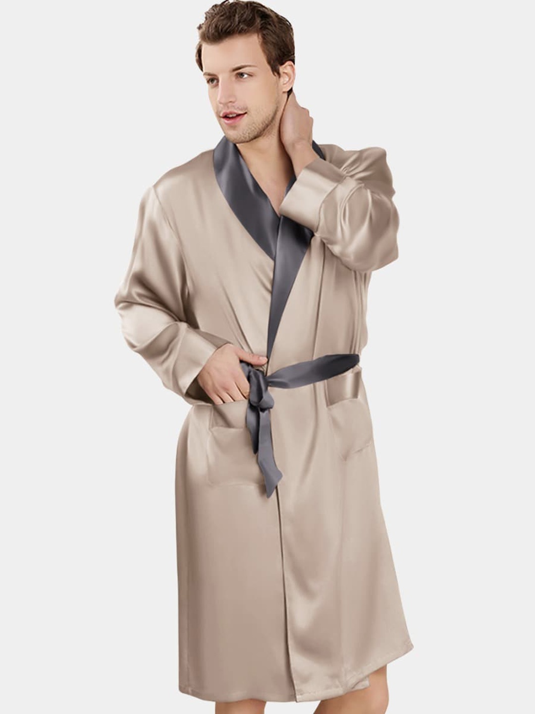 

Bella Babe by SK Premium Satin Long Sleeved Robe With Belt, Beige