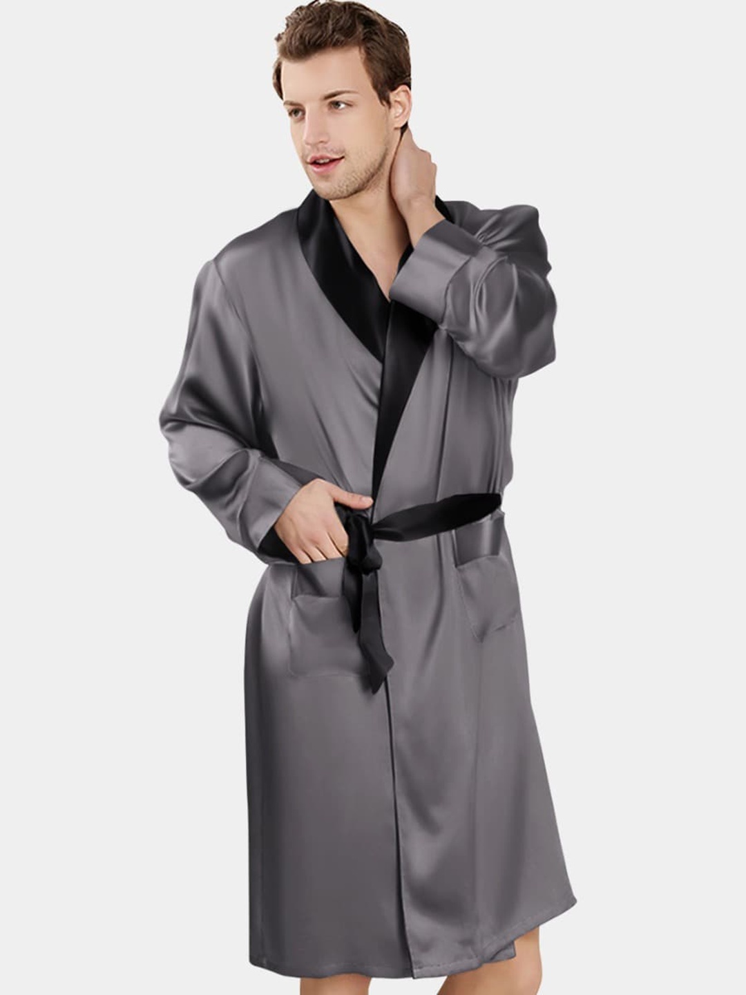 

Bella Babe by SK Men Robe With Contrast Collar, Grey