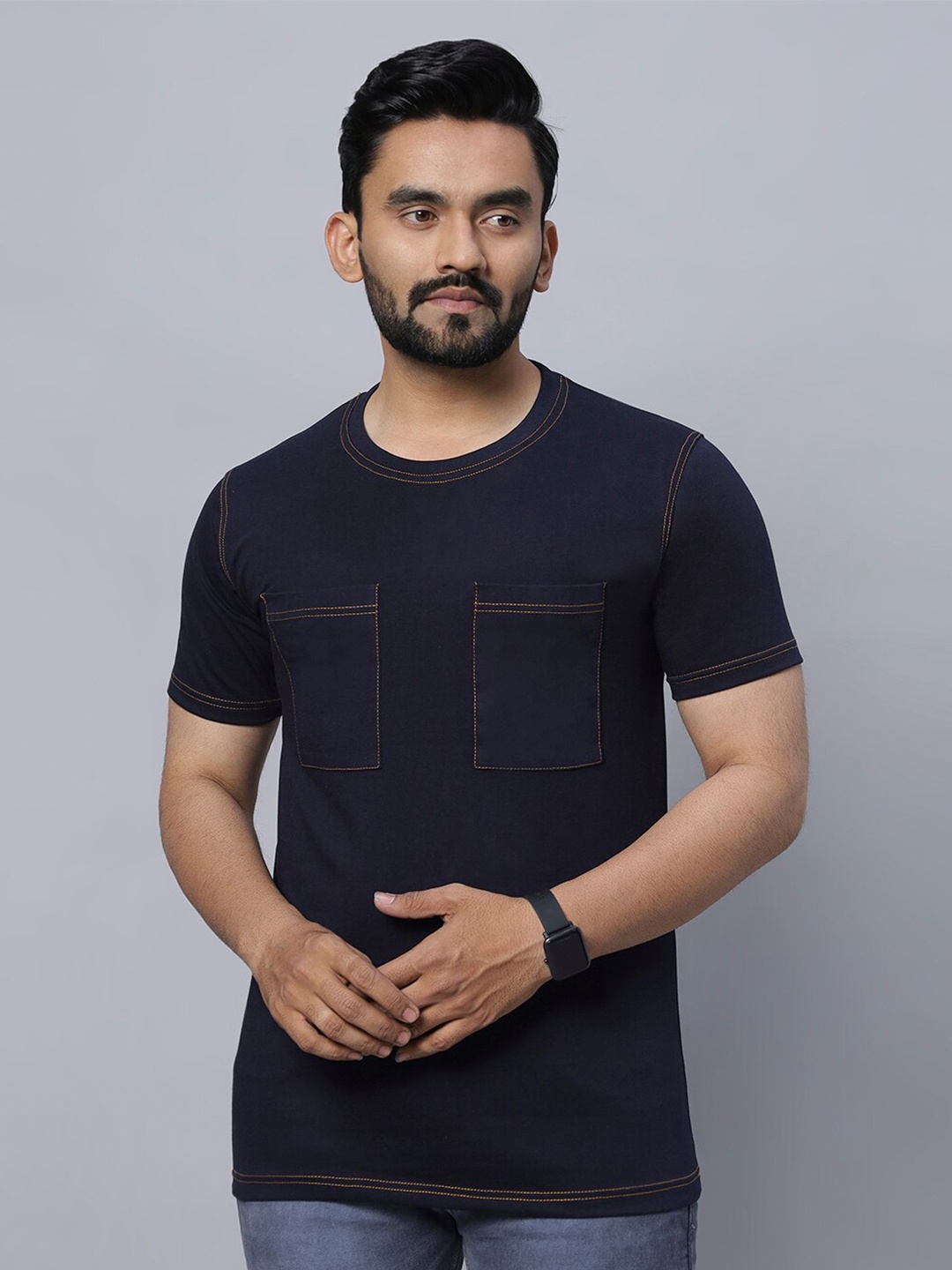 

N AND J Round Neck Double Pockets Cotton Casual T-shirt, Navy blue