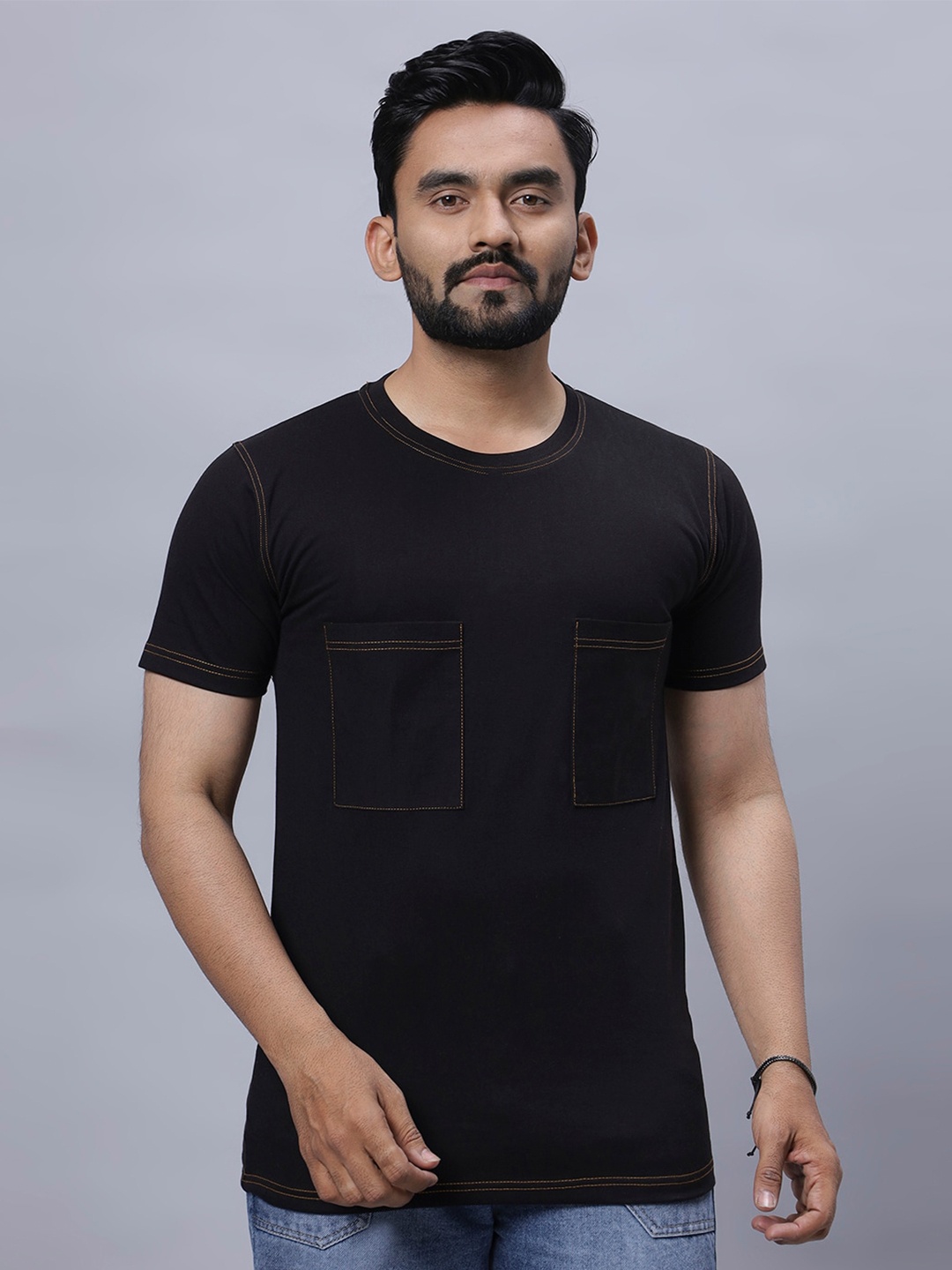 

N AND J Round Neck Double Pockets Cotton Casual T-shirt, Black