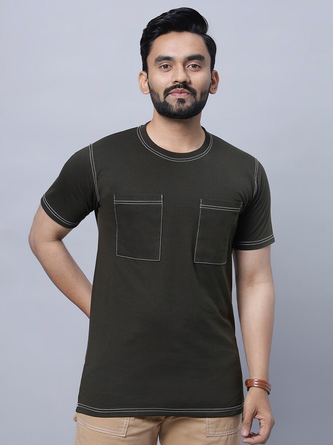 

N AND J Round Neck Short Sleeves Cotton Pockets T-shirt, Green