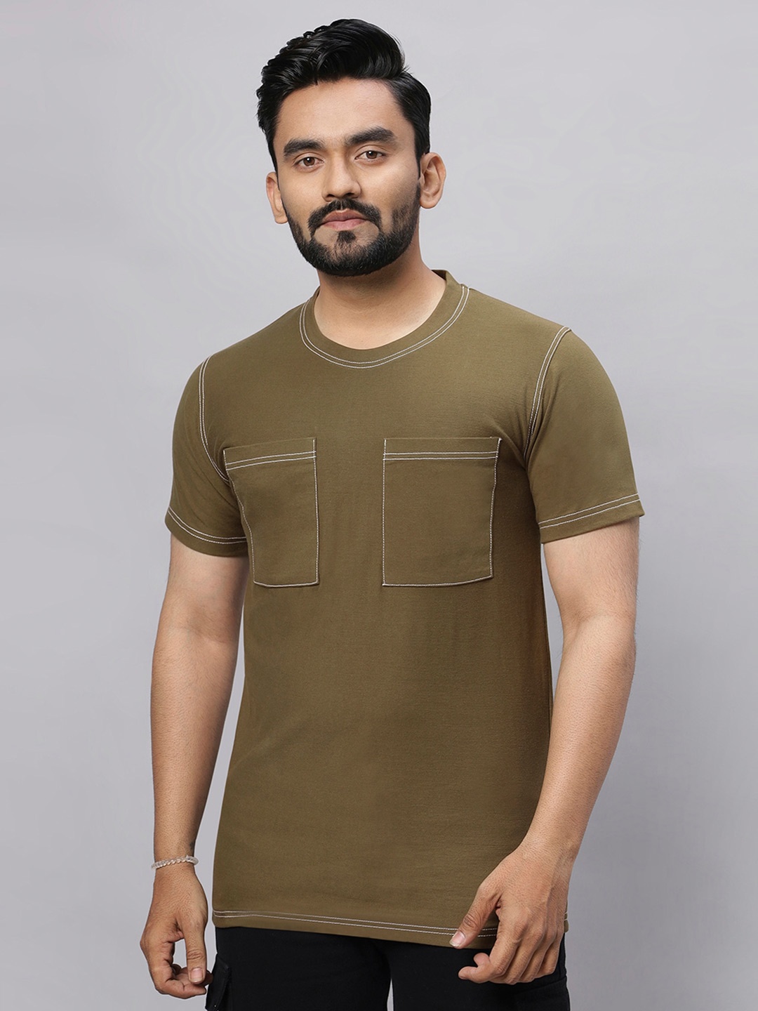 

N AND J Round Neck Cotton T-shirt, Brown