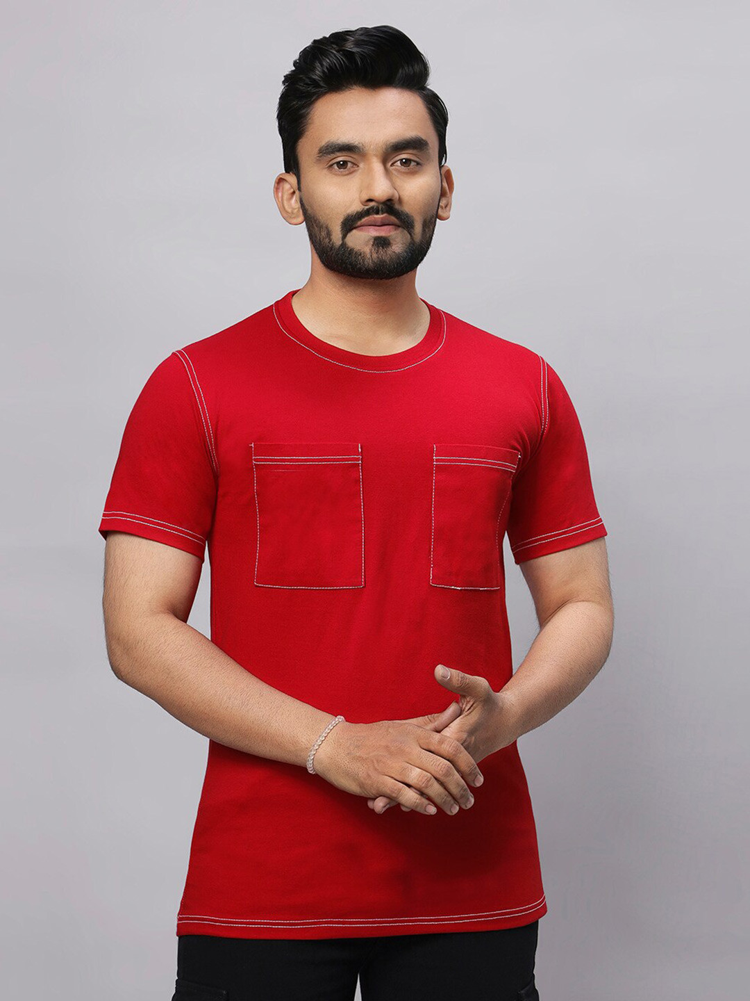 

N AND J Round Neck Double Pockets Cotton Casual T-shirt, Red