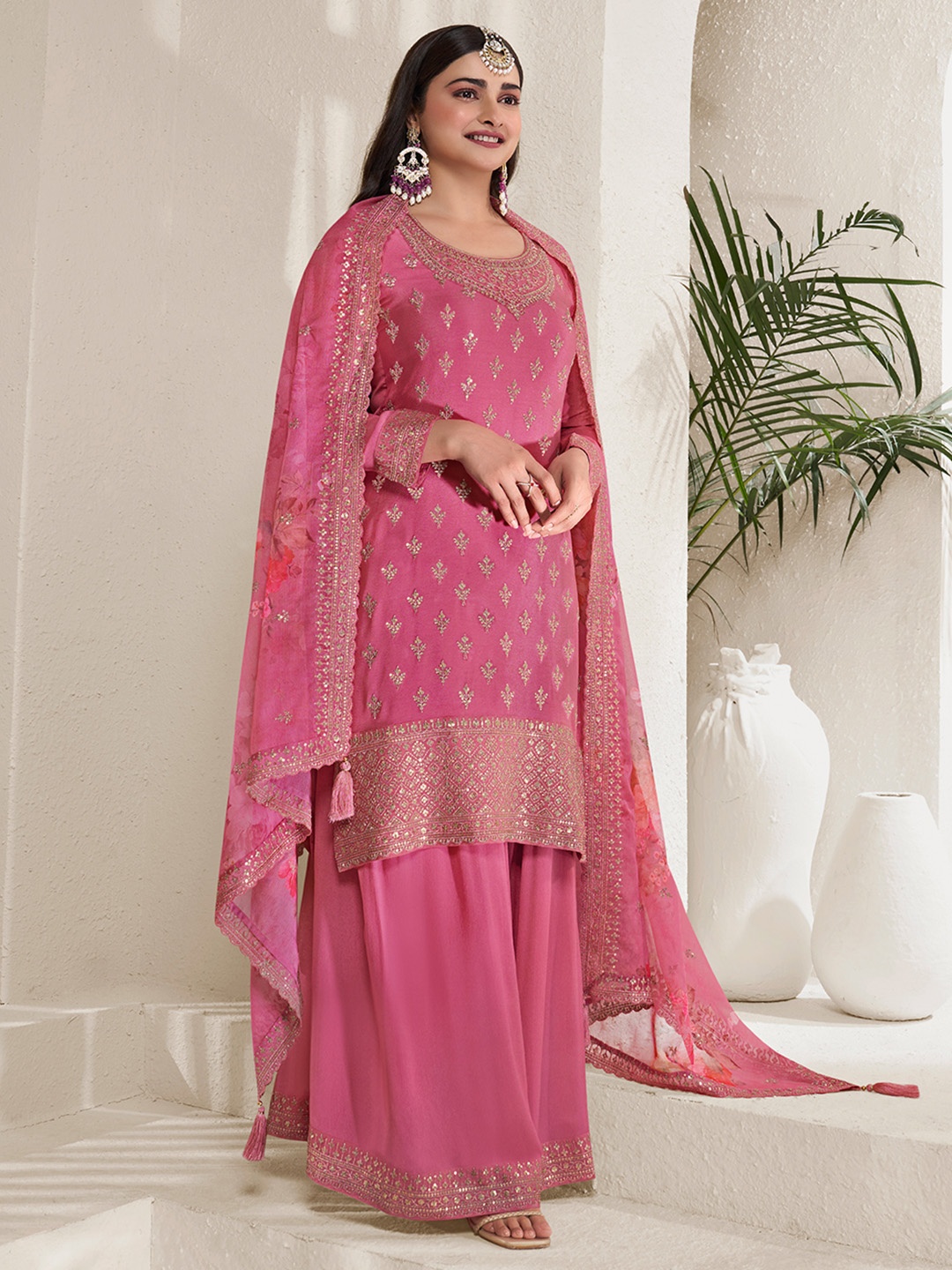 

Seerat Ethnic Motifs Embroidered Silk Chiffon Straight Kurta With Sharara & With Dupatta, Pink