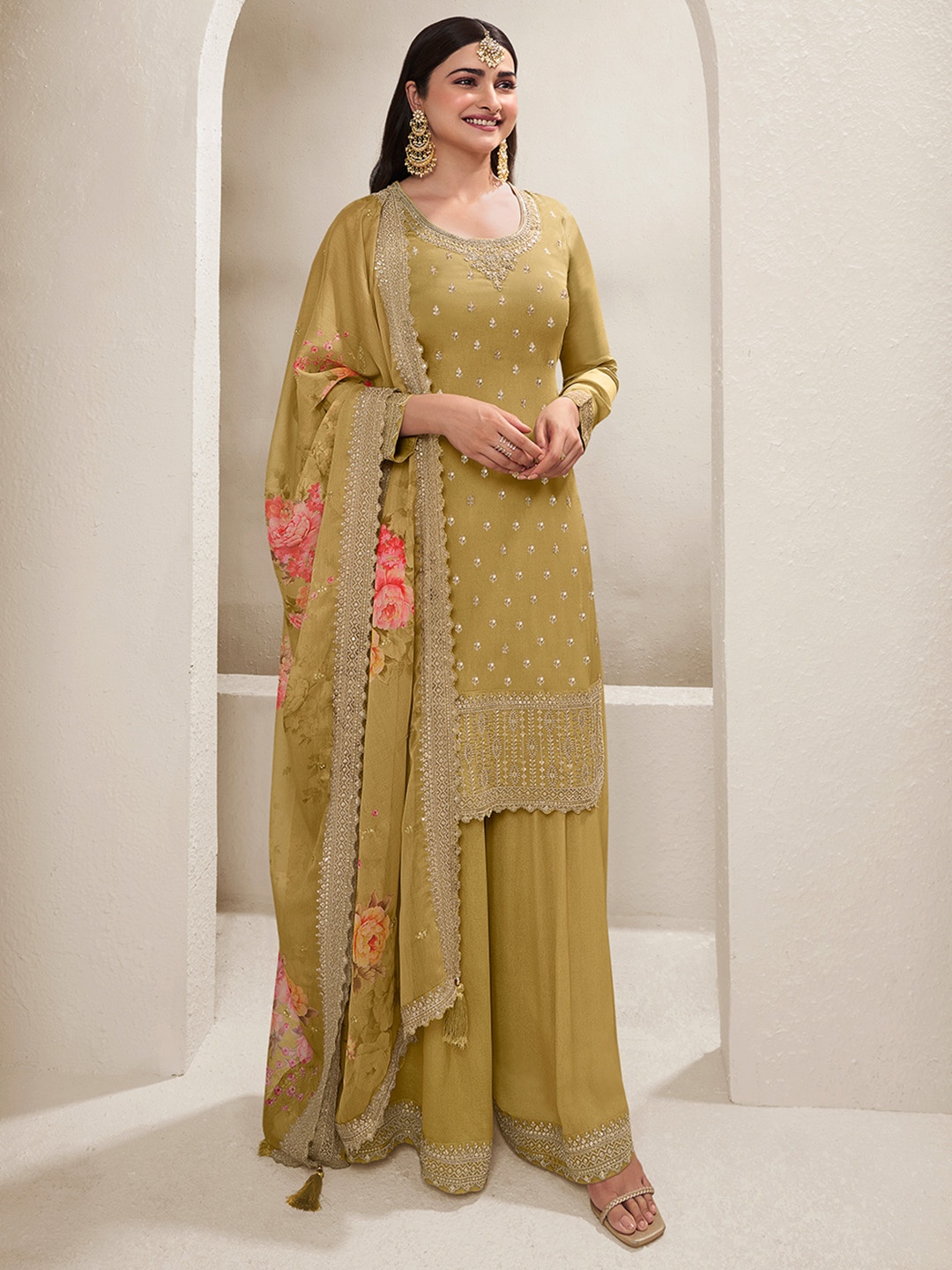 

Seerat Ethnic Motifs Embroidered Sequinned Silk Chiffon Kurta With Sharara & Dupatta, Mustard