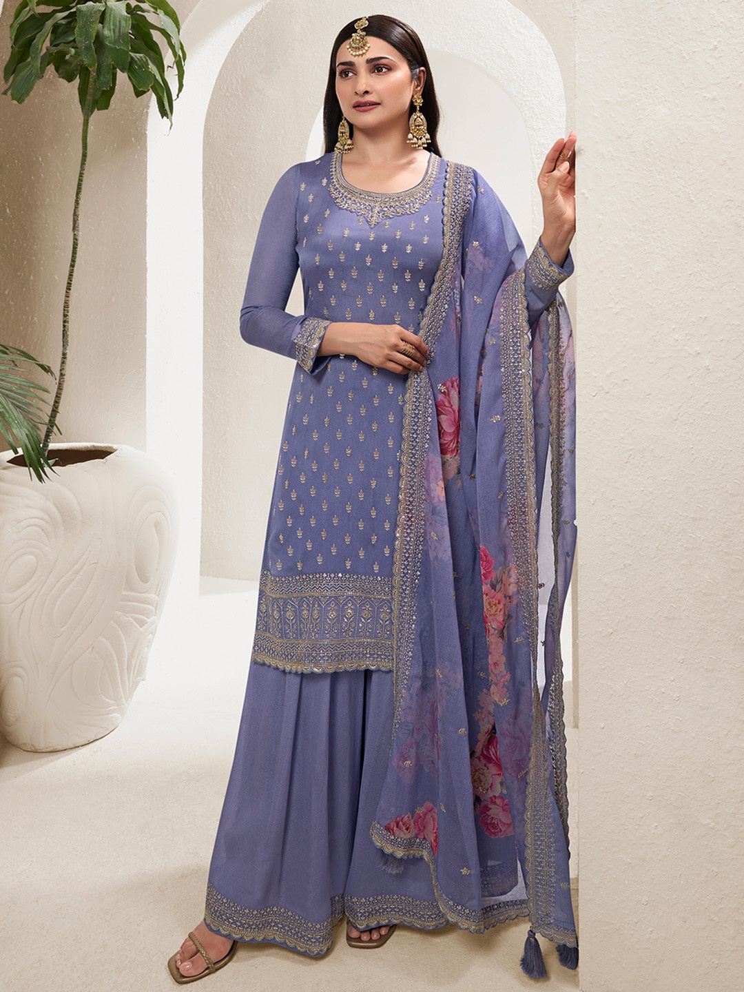 

Seerat Ethnic Motifs Sequinned Embroidered Silk Chiffon Kurta With Sharara & Dupatta, Lavender