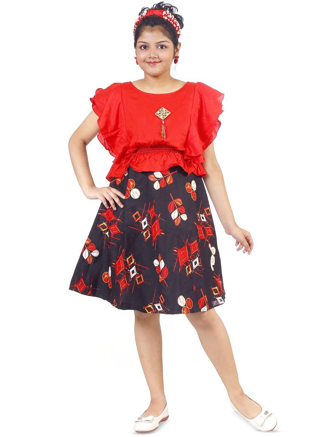 

KAARIGARI Girls Floral Printed Flutter Sleeve Fit & Flare Cotton Dress, Red