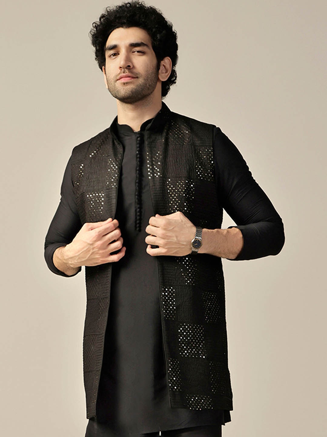 

KISAH Embellished Woven Nehru Jacket, Black