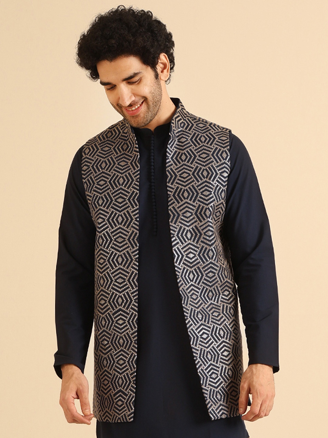 

KISAH Woven Design Sequined Nehru Jacket, Navy blue