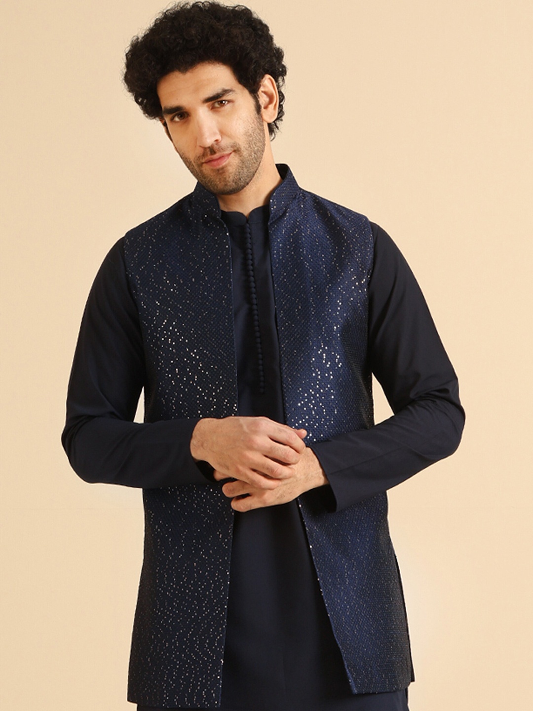 

KISAH Embellished Mandarin Collar Full Sleeve Nehru Jacket, Navy blue