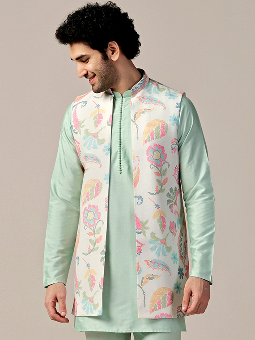 

KISAH Printed Longline Nehru Jacket, White