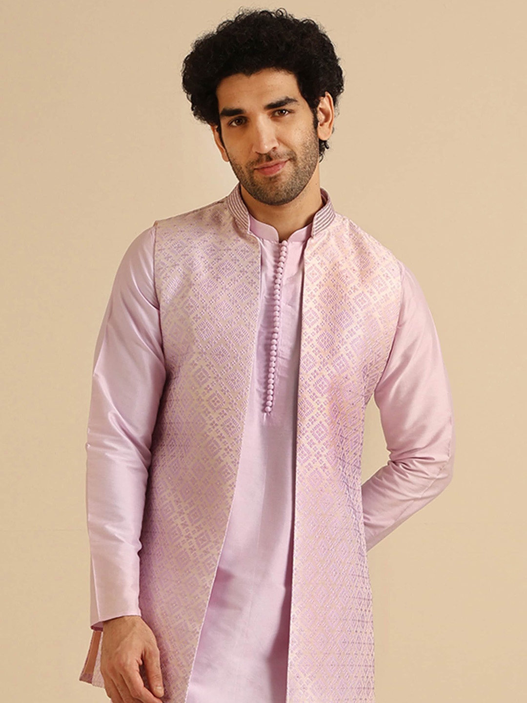 

KISAH Woven Design Longline Nehru Jacket, Purple
