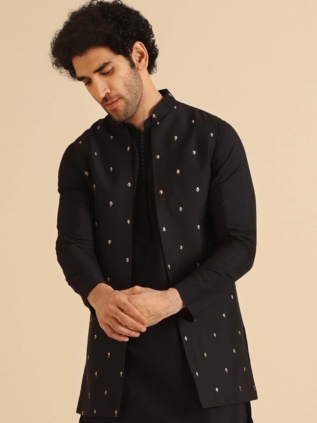 

KISAH Embroidered Longline Nehru Jacket, Black