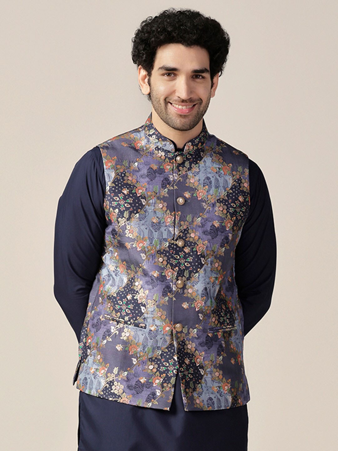 

KISAH Printed Nehru Jacket, Navy blue