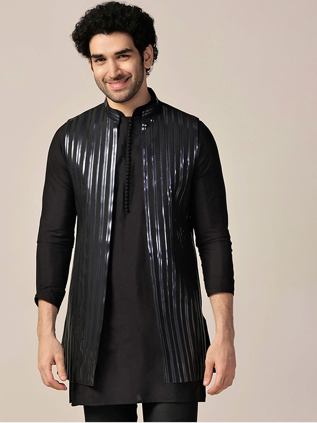 

KISAH Embellished Longline Nehru Jacket, Black