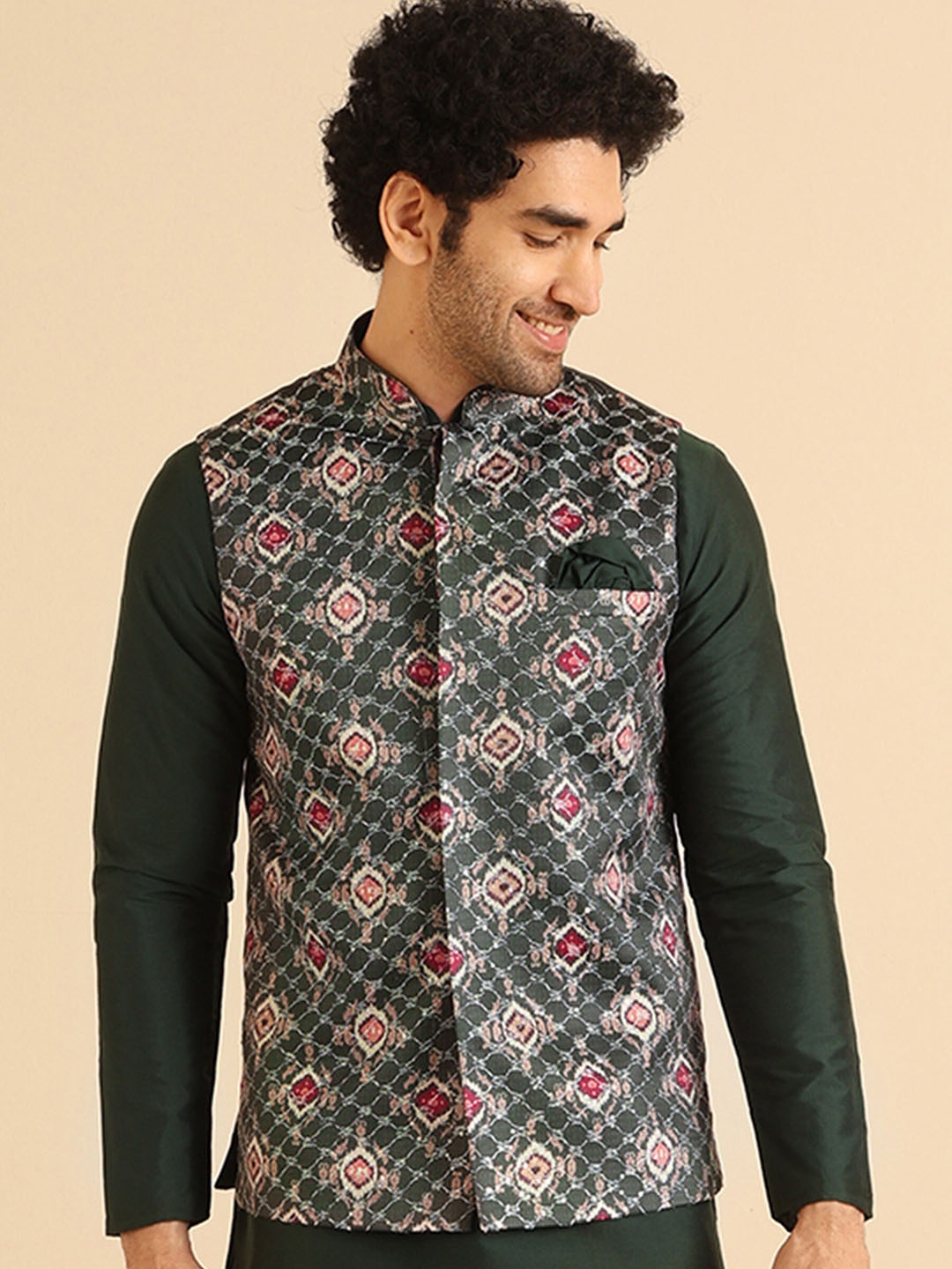 

KISAH Woven Design Nehru Jacket, Green