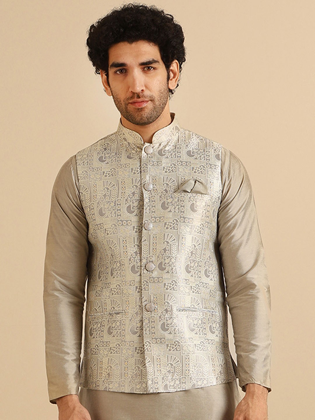 

KISAH Men Textured Zari Regular Fit Nehru Jacket, Grey