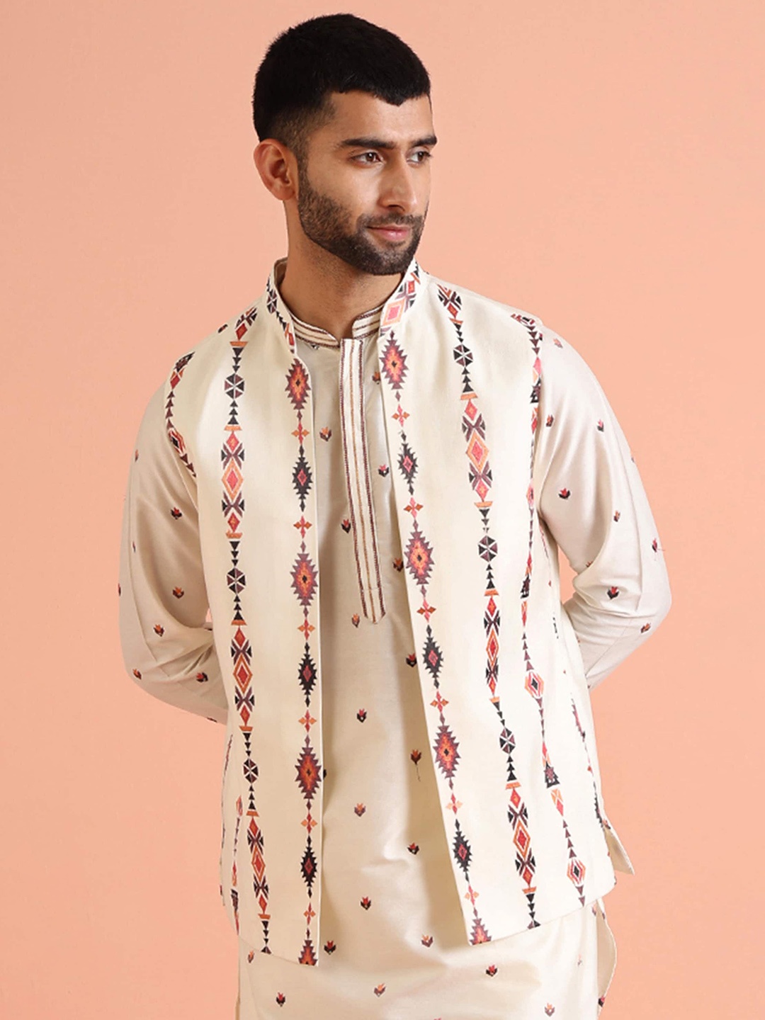 

KISAH Printed Woven Nehru Jacket, Cream