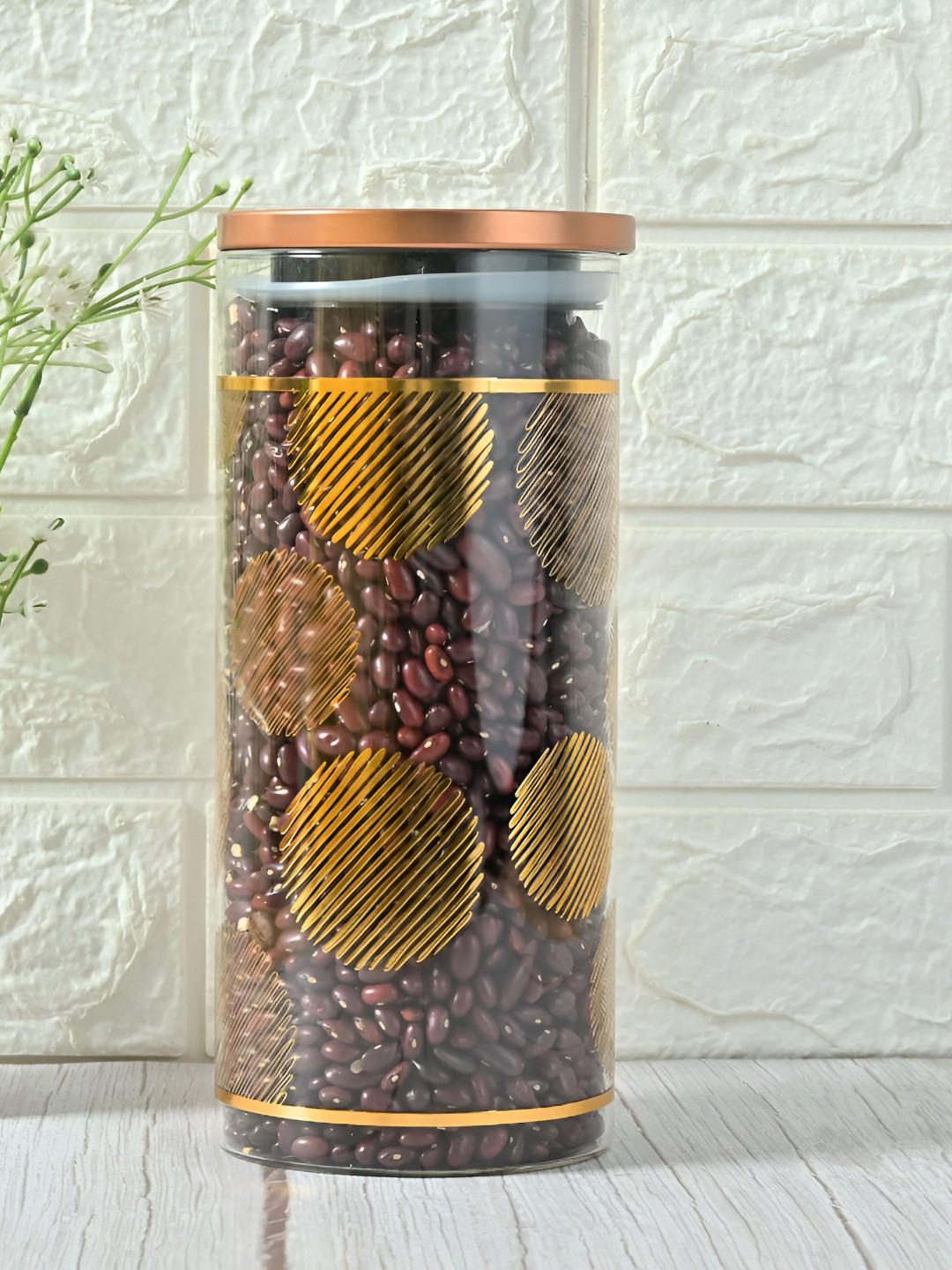 

Femora Transparent Printed Glass Airtight Storage Jar Lid Container 1.5L