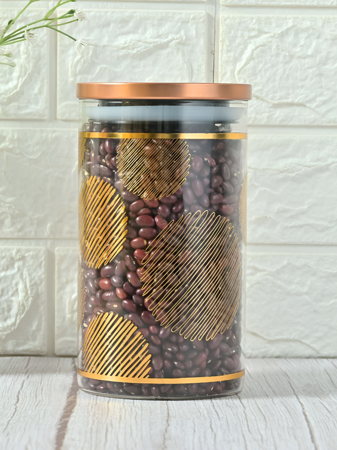 

Femora Transparent Printed Glass Airtight Storage Jar Lid Container 1.1L