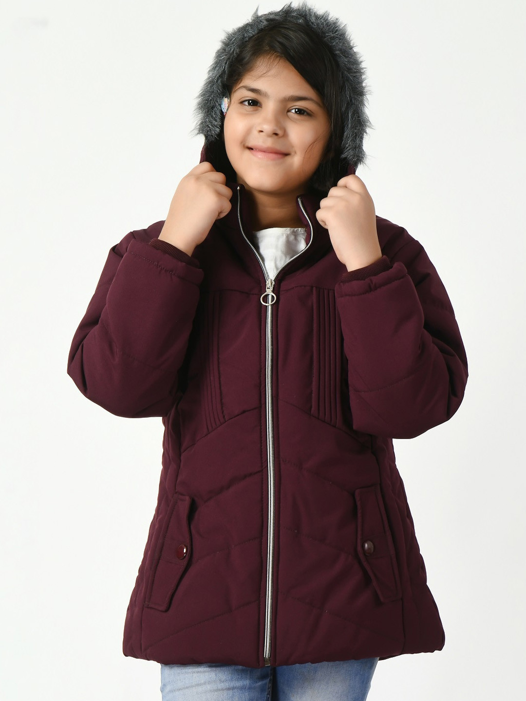 

SMSHOPMORE Girls Hooded Faux Fur Trim Detailed Lightweight Padded Jacket, Maroon