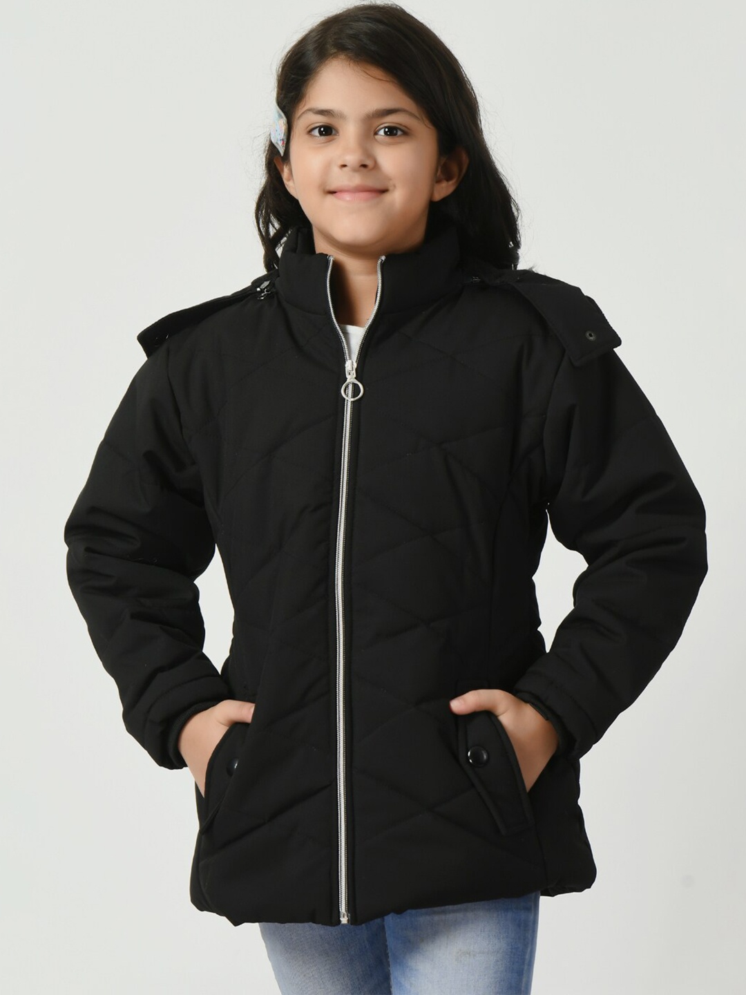 

SMSHOPMORE Girls Hooded Faux Fur Trim Detailed Lightweight Padded Jacket, Black