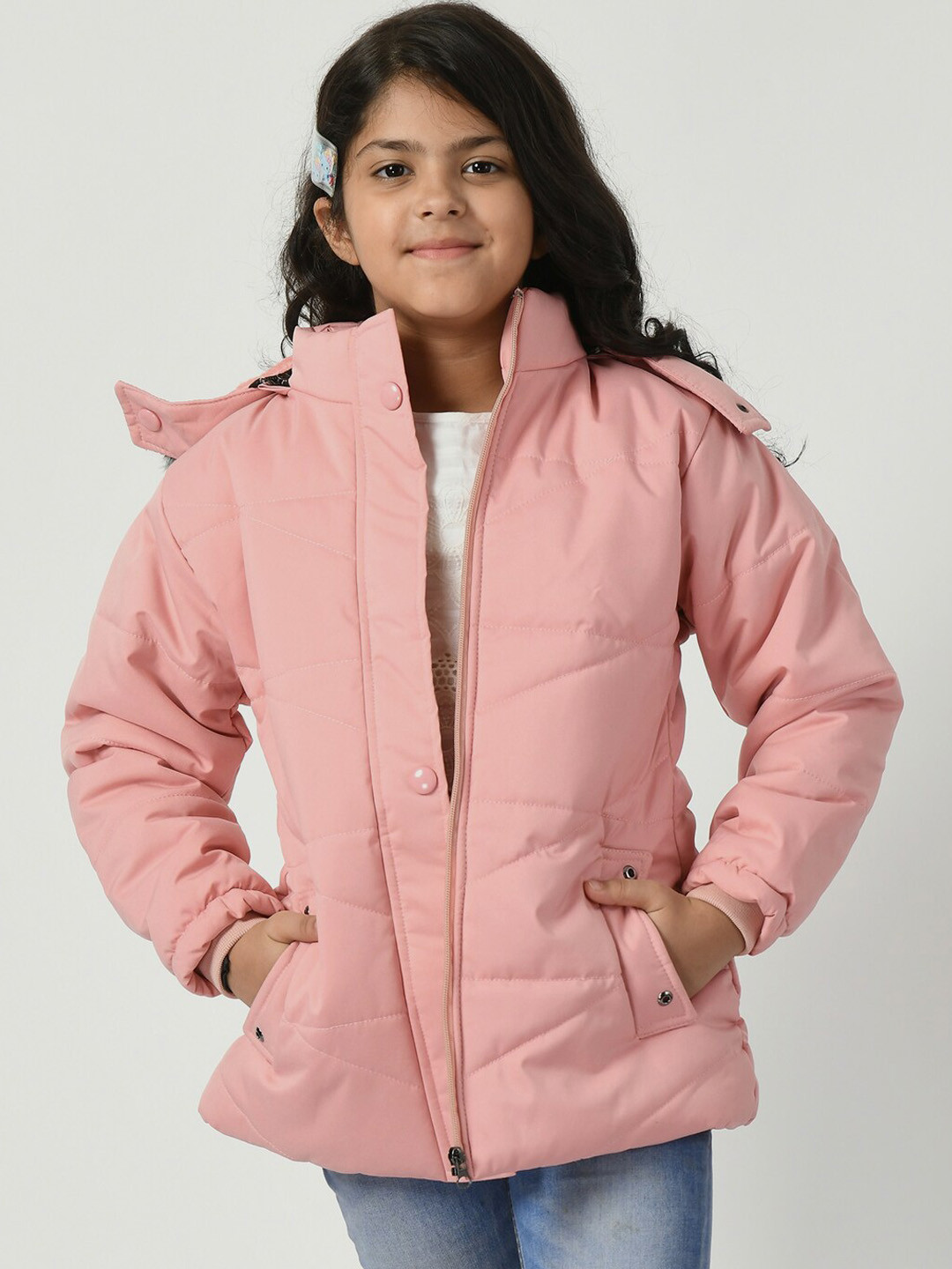 

SMSHOPMORE Girls Hooded Faux Fur Trim Detailed Lightweight Padded Jacket, Pink