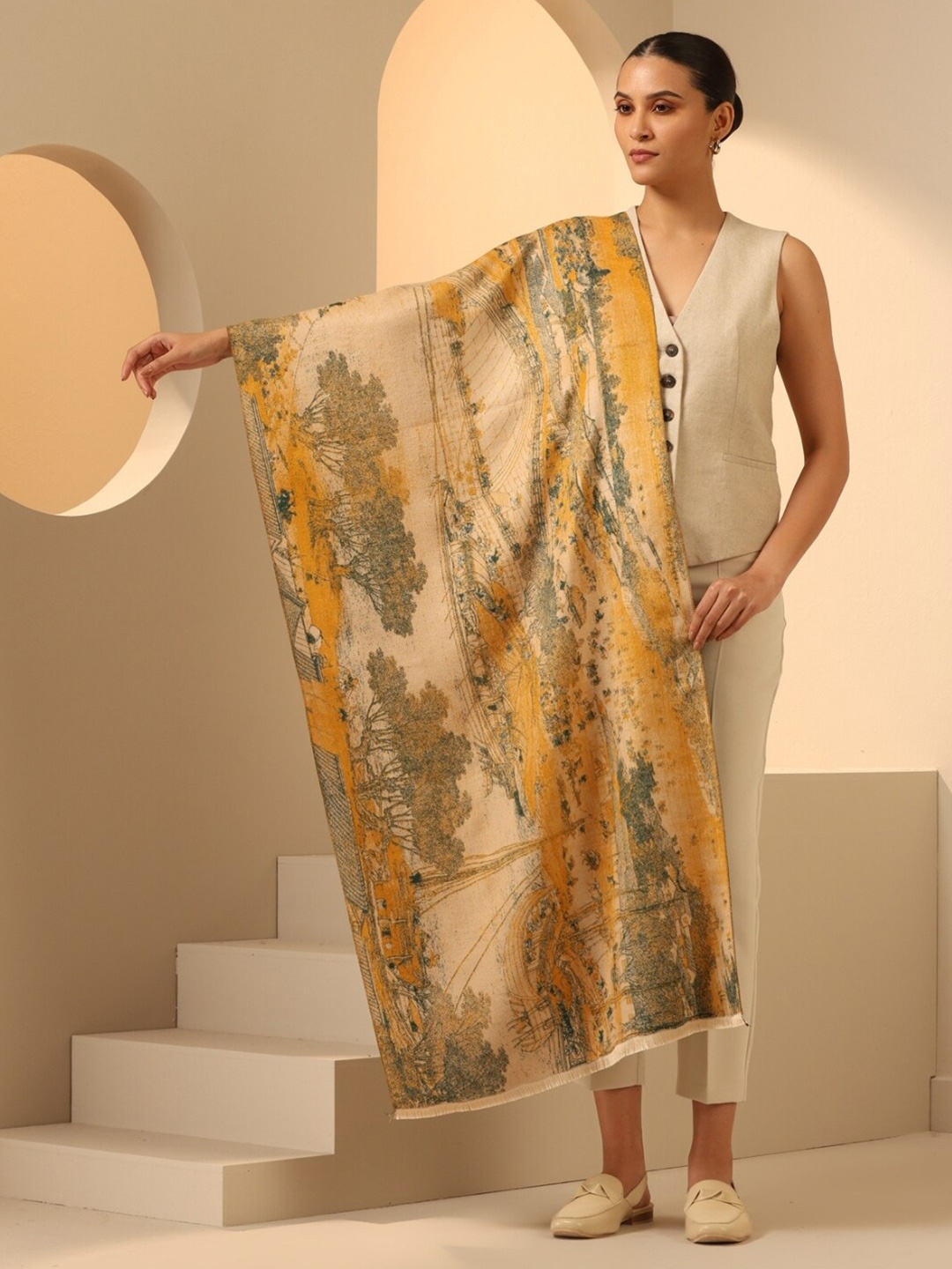 

DUSALA INDIA Jacquard Reversible Vegan Wool Cashmere Stole, Cream