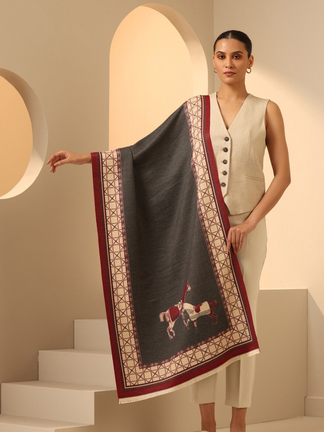 

DUSALA INDIA Jacquard Reversible Vegan Wool Cashmere Stole, Grey