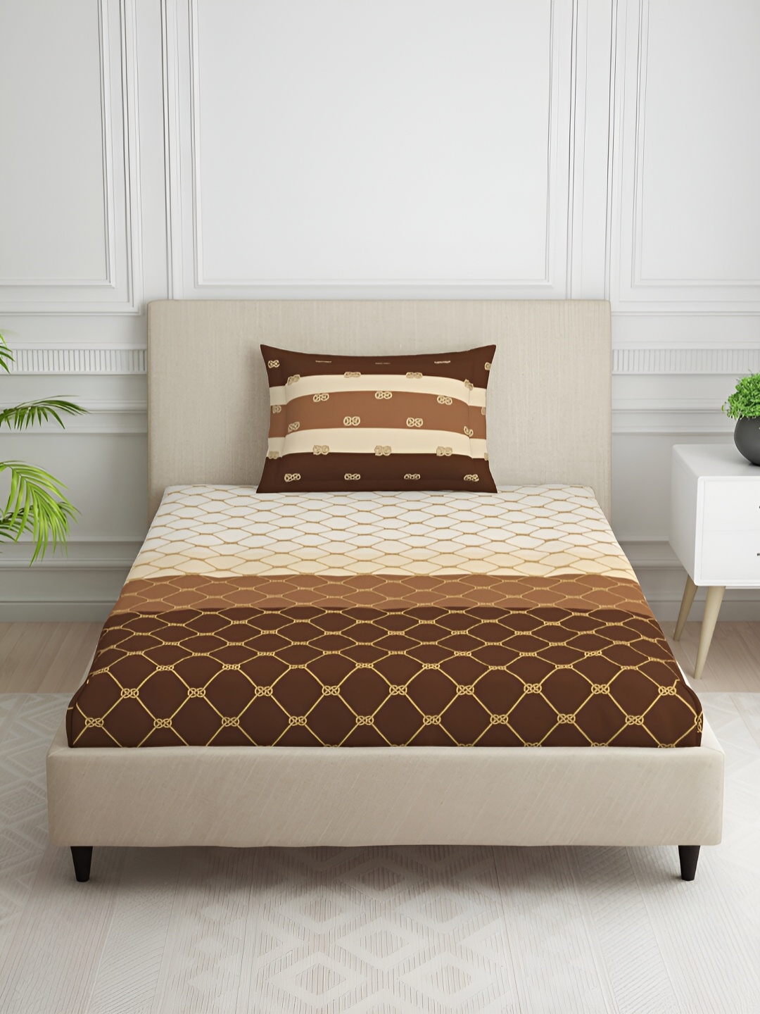 

SPACES Nautique Cream & Brown Geometric Cotton 144 TC Single Bedsheet With 1 Pillow Cover