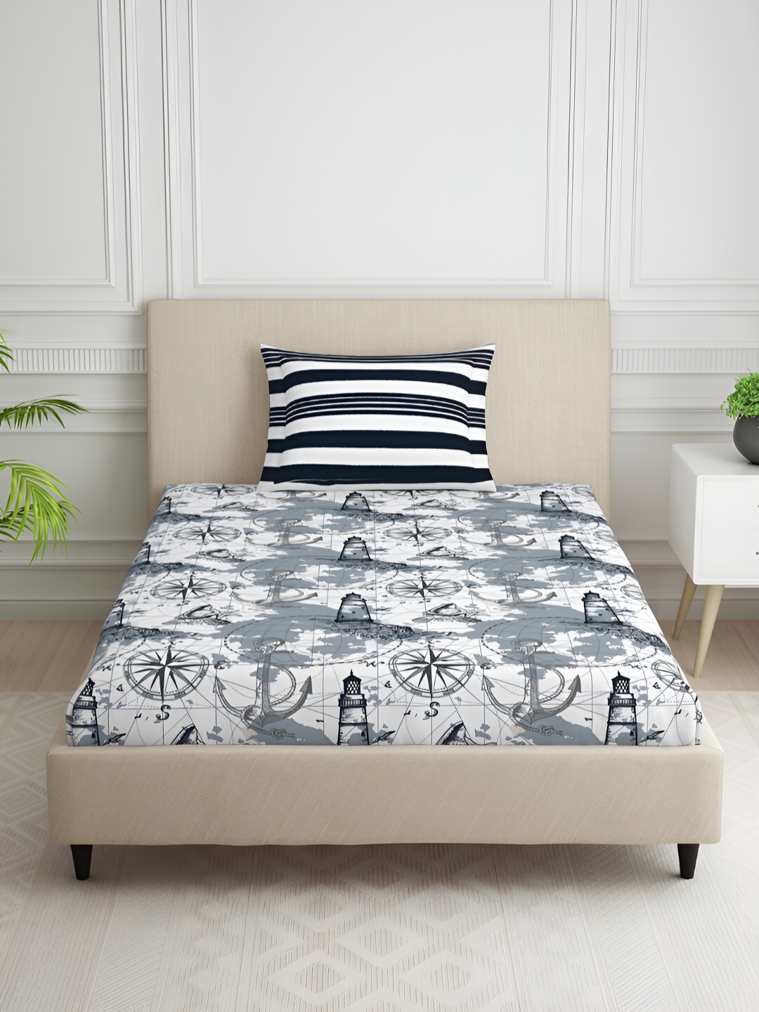 

SPACES Grey & White Conversational Cotton 144 TC Single Bedsheet with 1 Pillow Covers