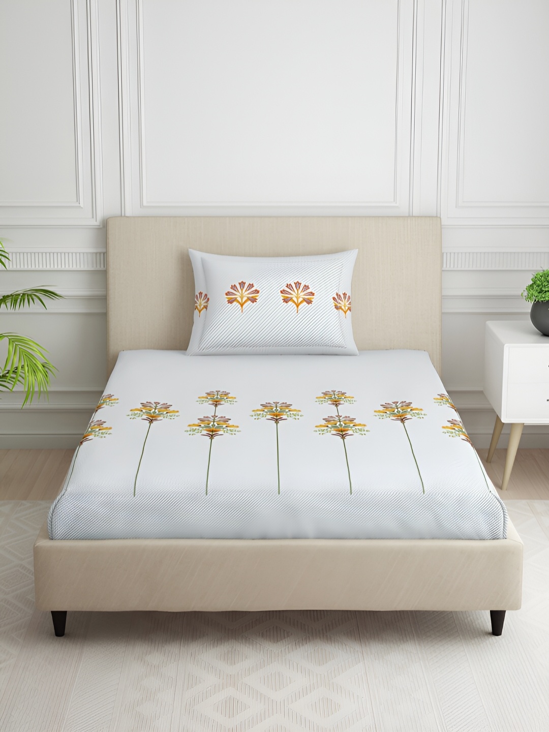 

SPACES Phuleri Yellow & White Floral Cotton 144 TC Single Bedsheet With 1 Pillow Cover