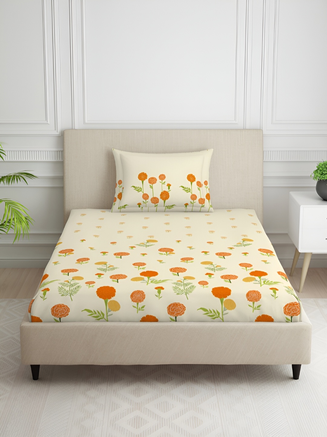 

SPACES Yellow & Orange Floral 144 TC Single Bedsheet with 1 Pillow Covers
