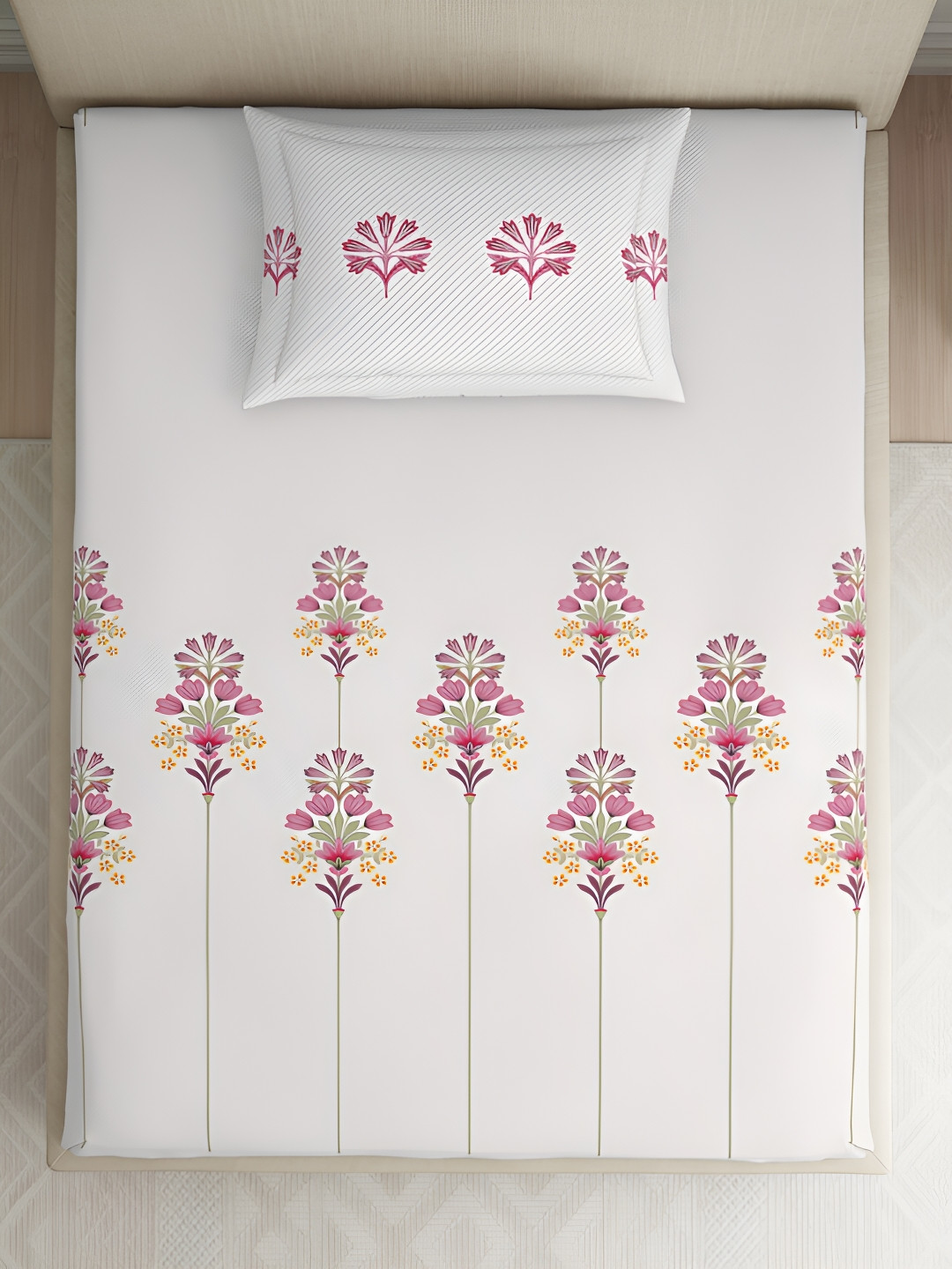 

SPACES Pink & White Floral Printed 144 TC Single Bedsheet with 1 Pillow Covers