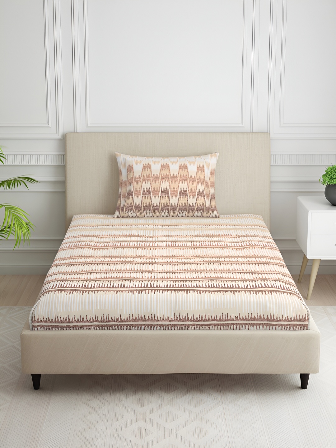 

SPACES Beige & Brown Striped Cotton 144 TC Single Bedsheet with 1 Pillow Covers