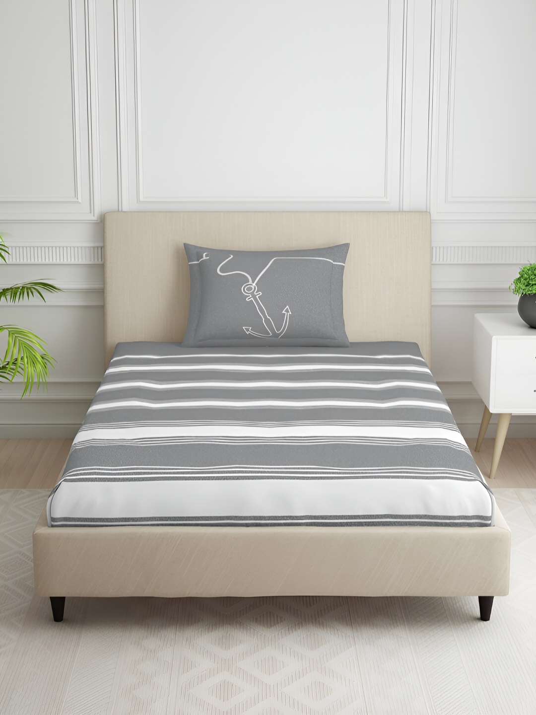 

SPACES Grey & White Striped Cotton 144 TC Single Bedsheet with 1 Pillow Covers