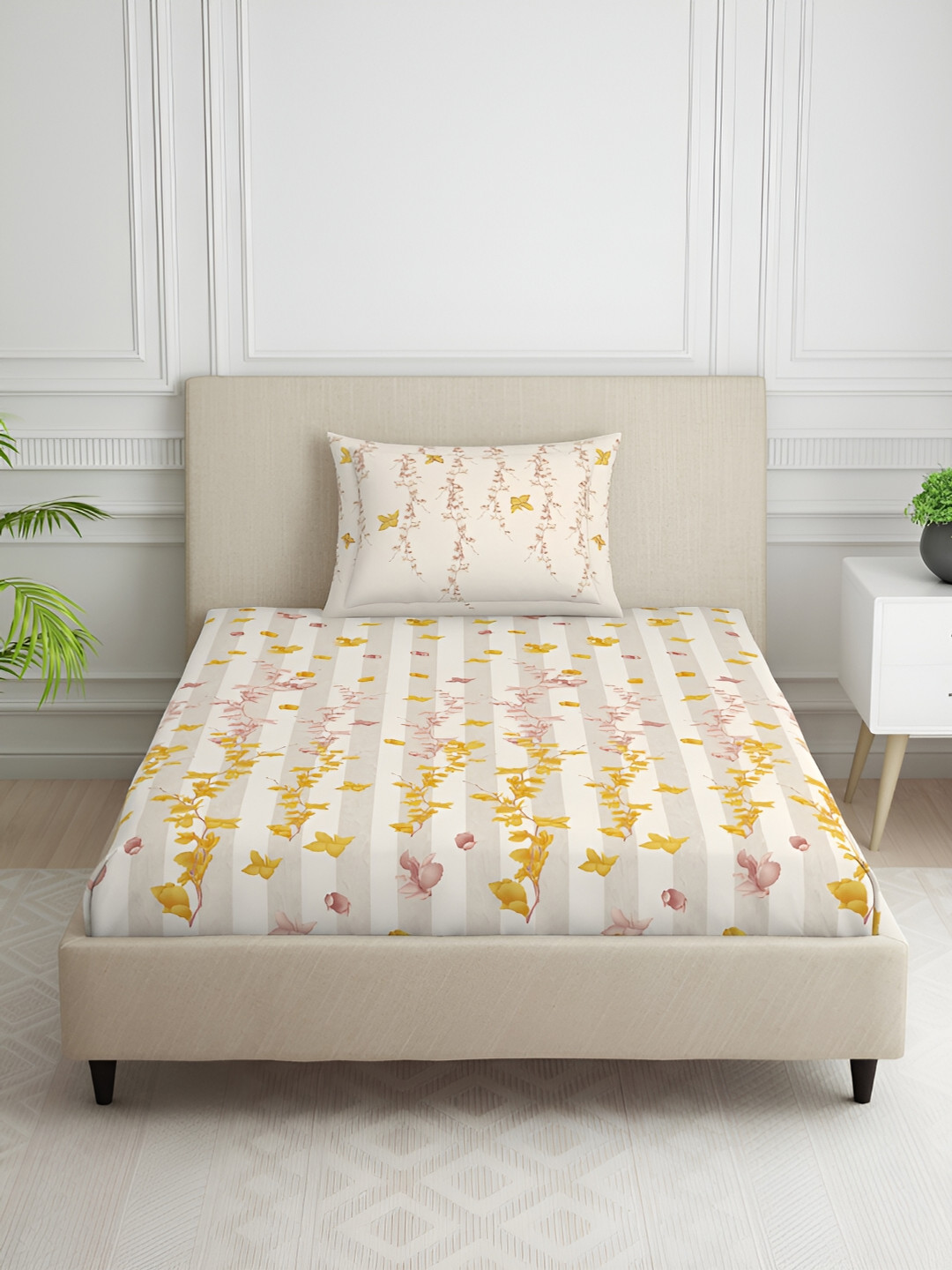 

SPACES Cream-Coloured & Yellow Floral Printed 144 TC Single Bedsheet with 1 Pillow Covers