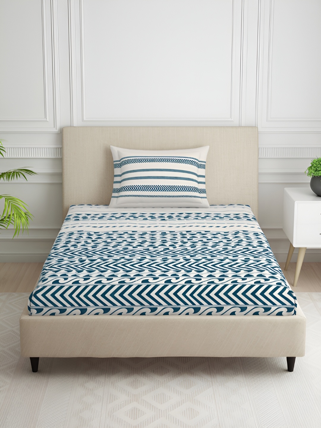 

SPACES Nautique Teal & White Striped Cotton 144 TC Single Bedsheet With 1 Pillow Cover