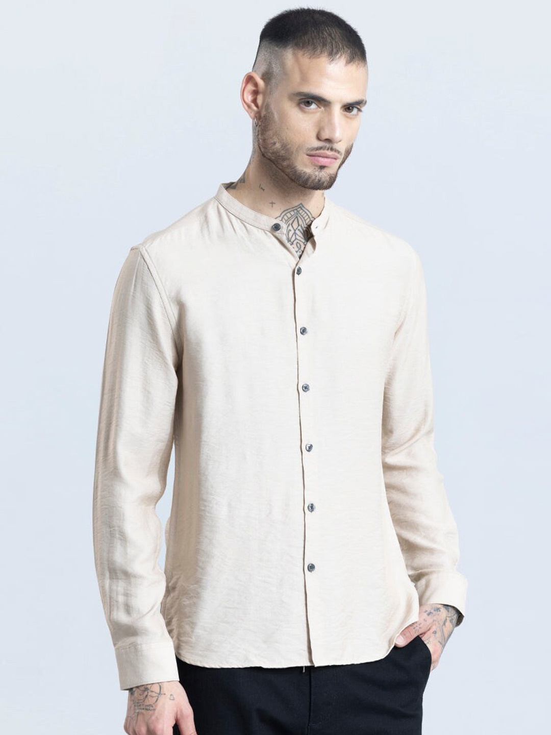 

Snitch Beige Classic Slim Fit Cotton Printed Casual Shirt