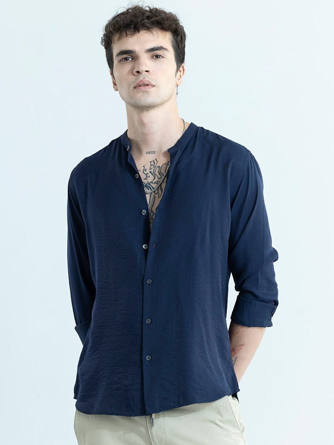 

Snitch Men Classic Slim Fit Mandarin Collar Cotton Casual Shirt, Navy blue