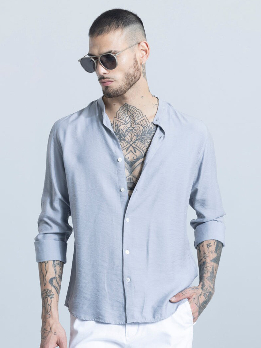 

Snitch Classic Slim Fit Mandarin Collar Cotton Casual Shirt, Blue
