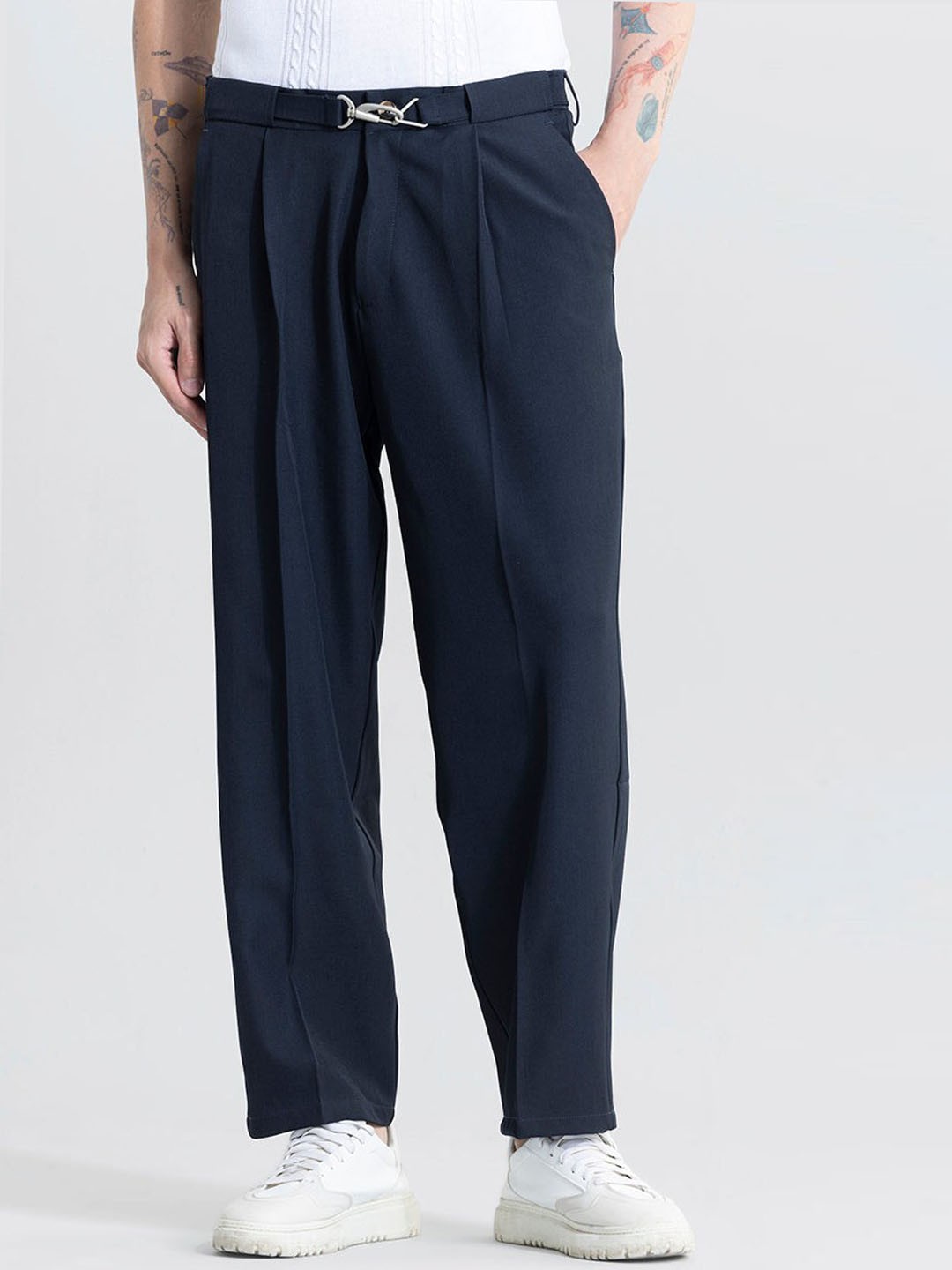 

Snitch Men Mid-Rise Smart Tapered Fit Trousers, Navy blue