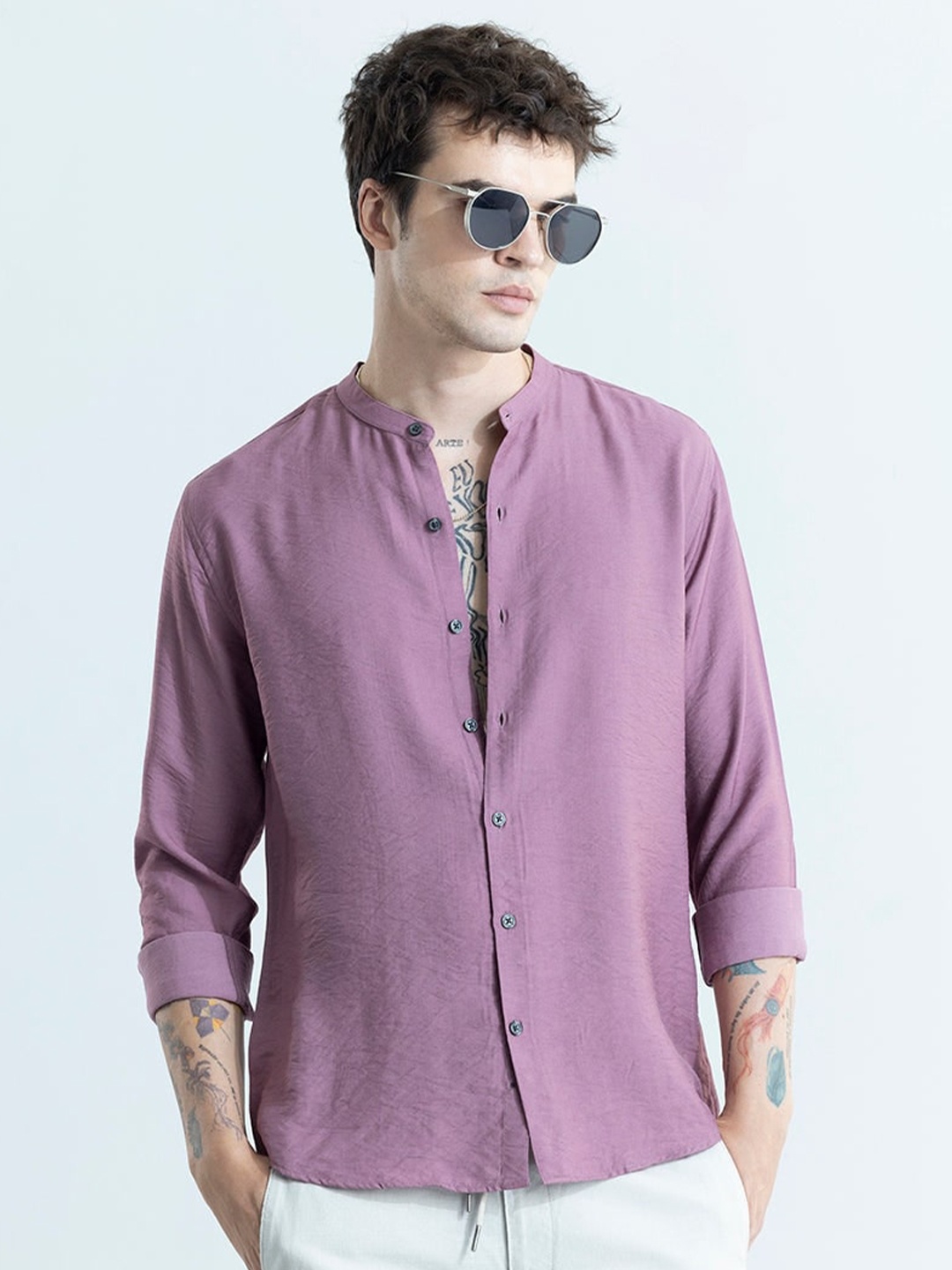 

Snitch Classic Slim Fit Mandarin Collar Long Sleeves Cotton Casual Shirt, Mauve