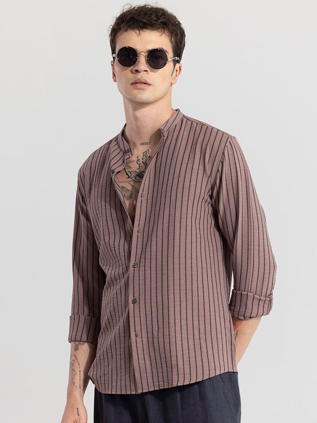

Snitch Classic Slim Fit Striped Mandarin Collar Cotton Casual Shirt, Purple