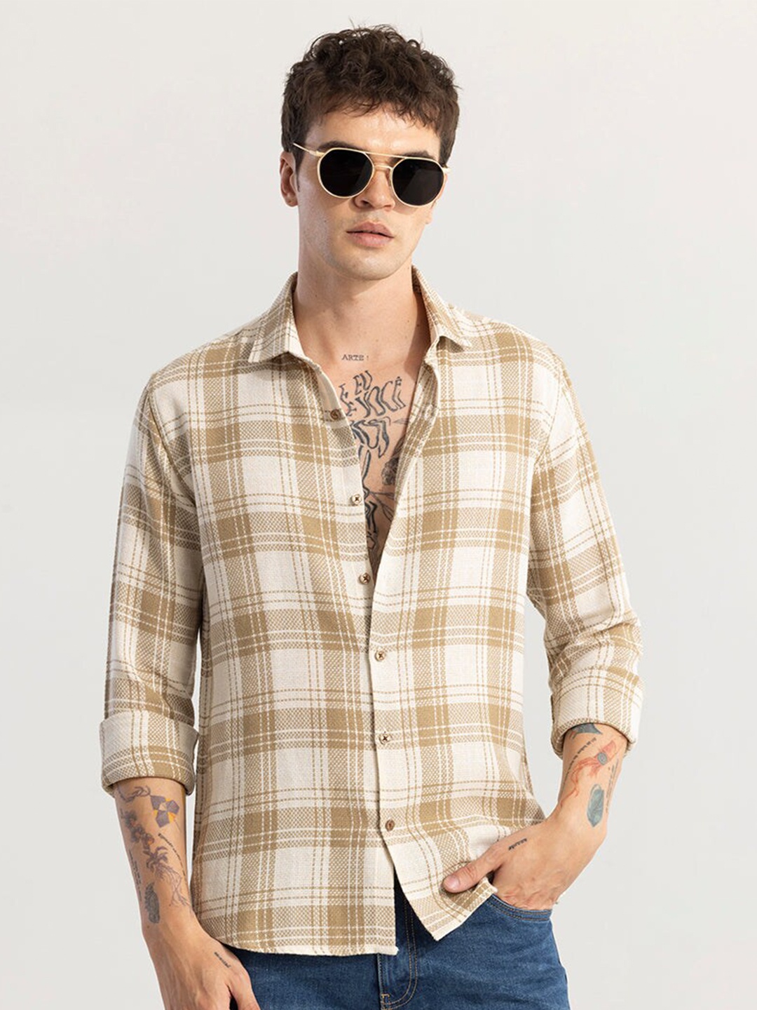 

Snitch Beige Classic Slim Fit Cotton Checked Casual Shirt