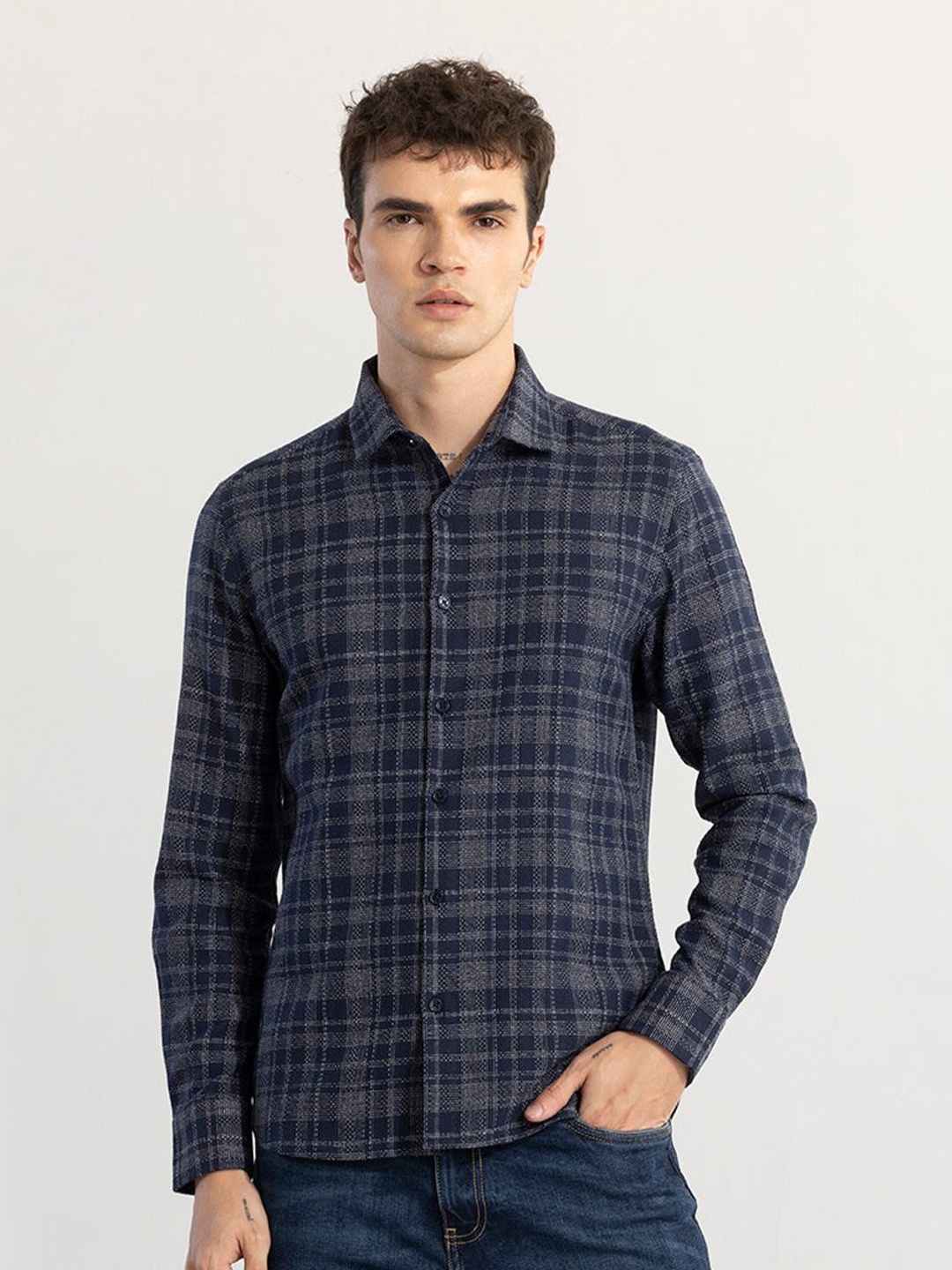 

Snitch Navy Blue Classic Slim Fit Tartan Checks Cotton Checked Casual Shirt