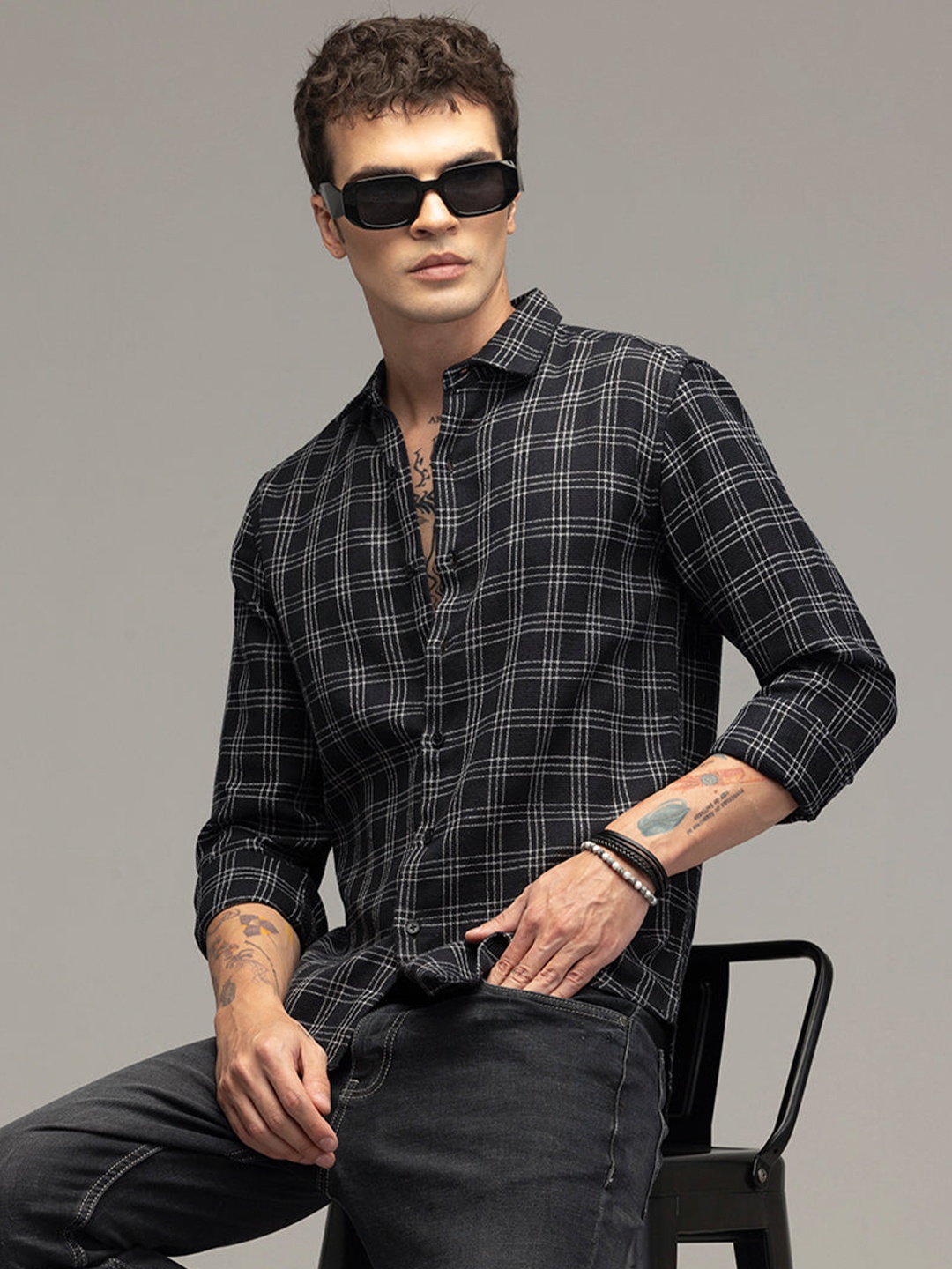 

Snitch Men Classic Slim Fit Tartan Checked Cotton Casual Shirt, Black