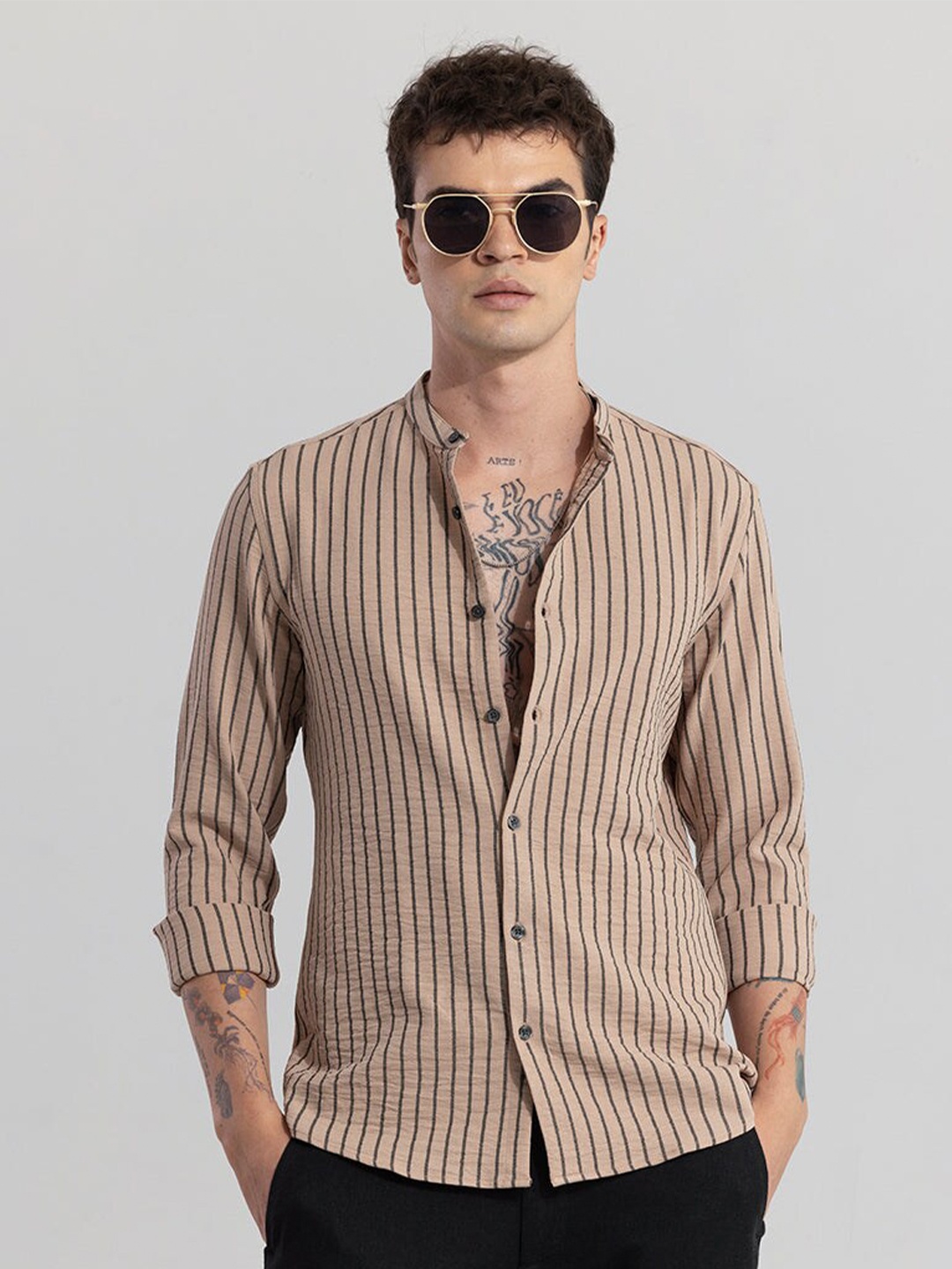 

Snitch Beige Classic Slim Fit Cotton Casual Shirt