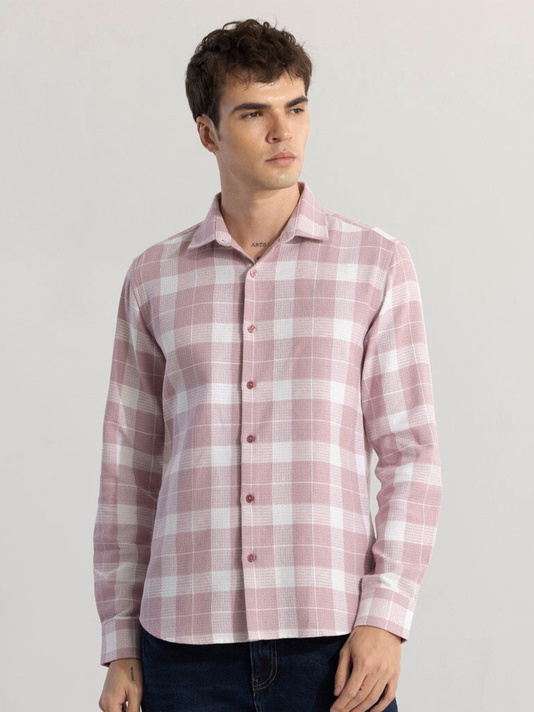 

Snitch Pink Classic Slim Fit Cotton Checked Casual Shirt